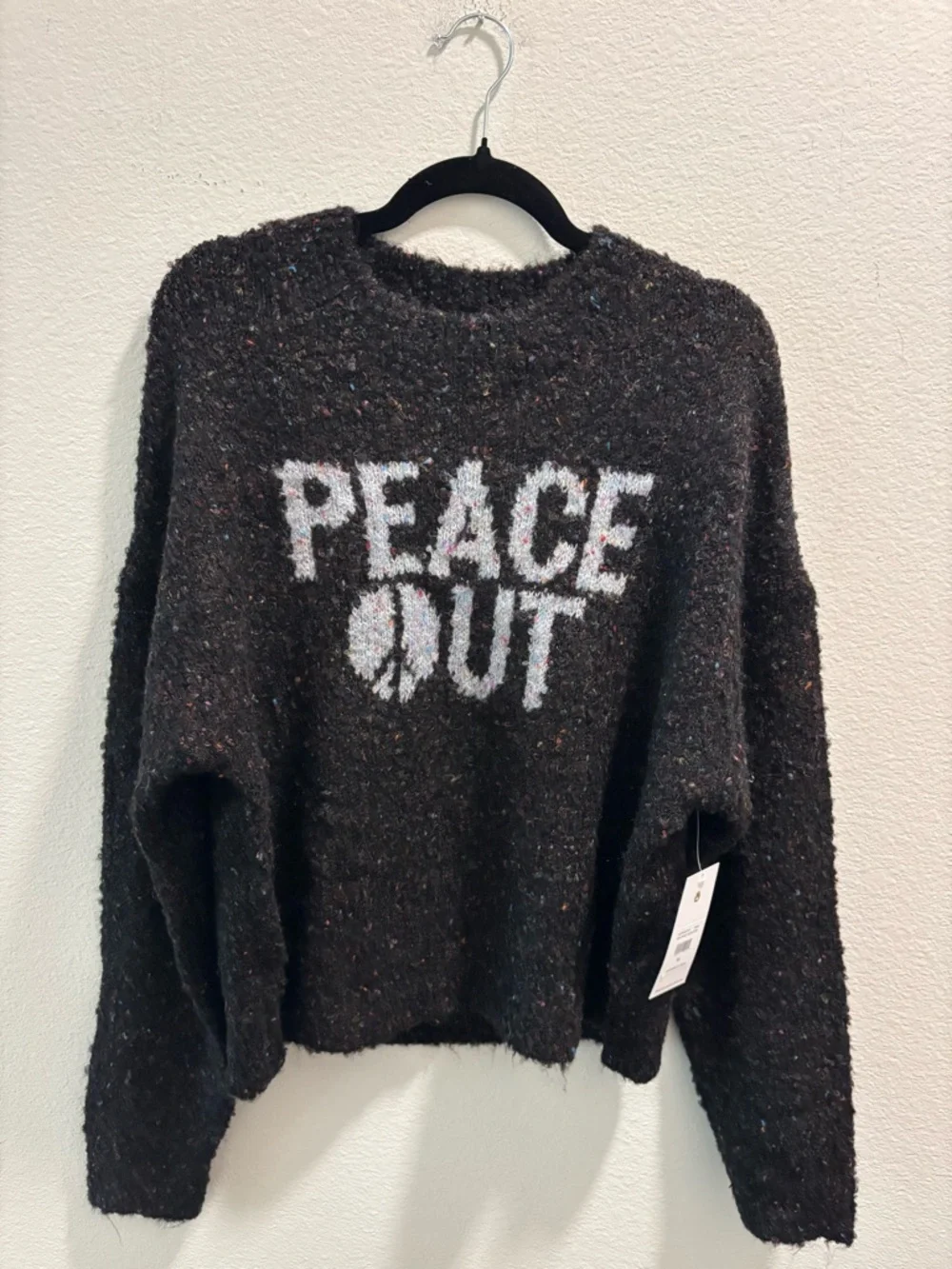 NWT Spiritual Gangster Peace Out Black Speckled Crewneck Sweater, size M - Picture 2 of 7